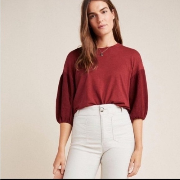 Velvet by Graham & Spencer For Anthropologie Gauze Balloon Sleeve Top M Maroon - Picture 1 of 5